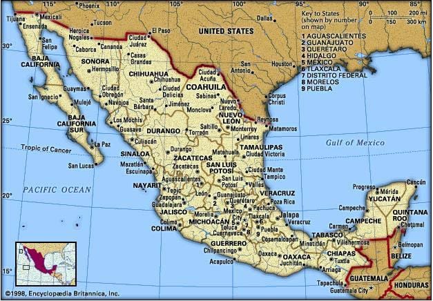 kort over øst-kysten i Mexico