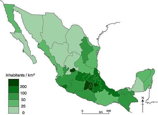 befolkningstæthed kort over Mexico