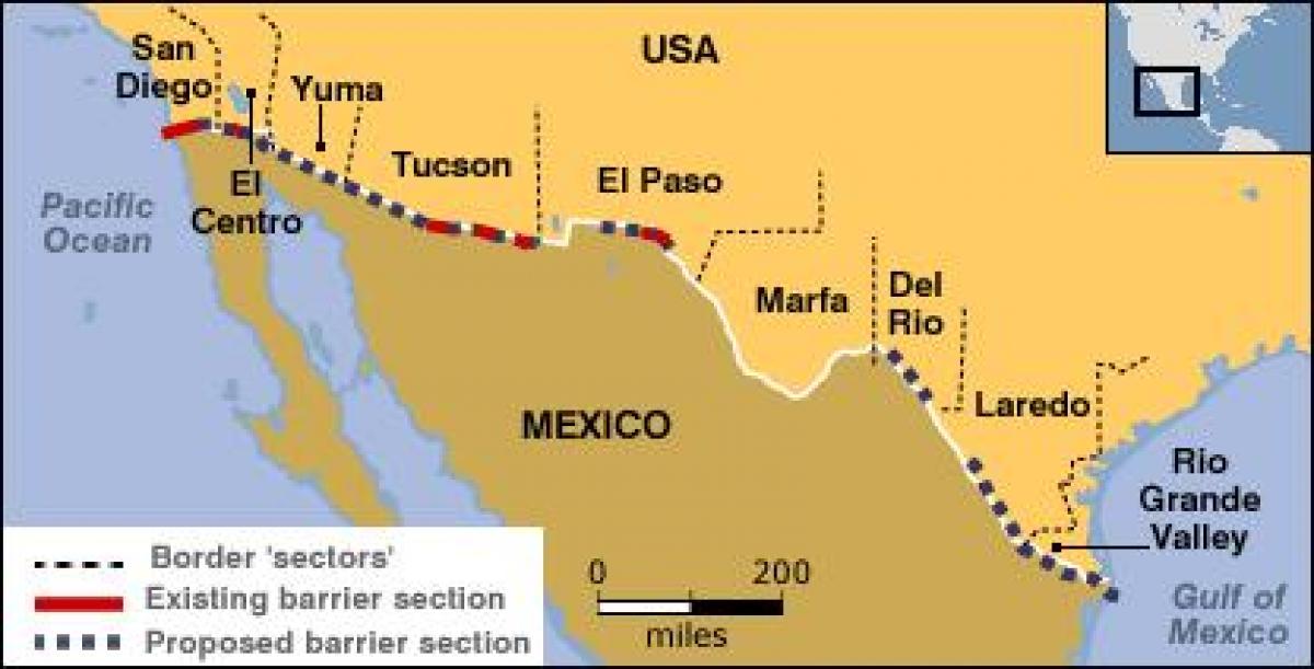 kort over den mexicanske grænse