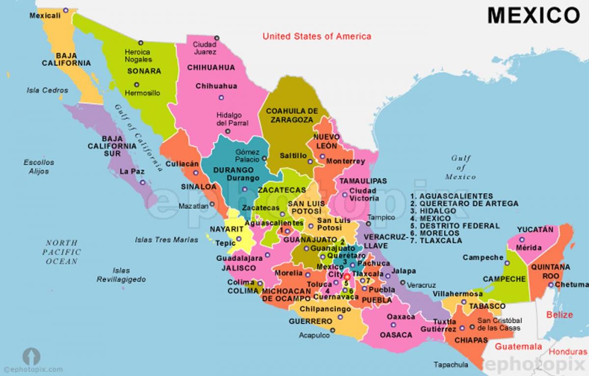Mexico kort med lande og hovedstæder