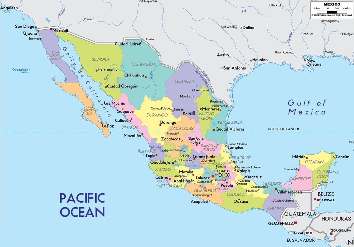 kort over Mexico med stater og byer
