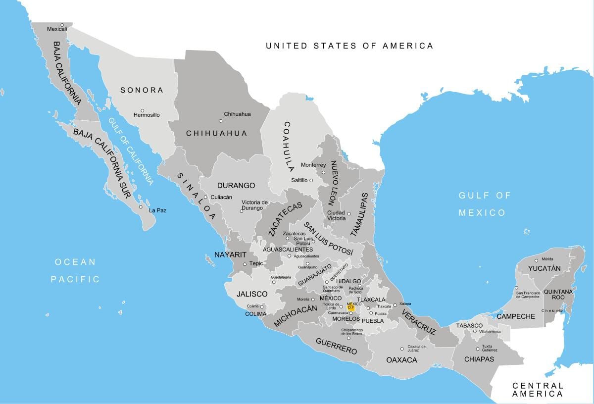kort over Mexico afdelinger