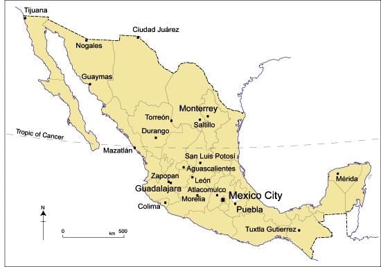 kort over de større byer i Mexico