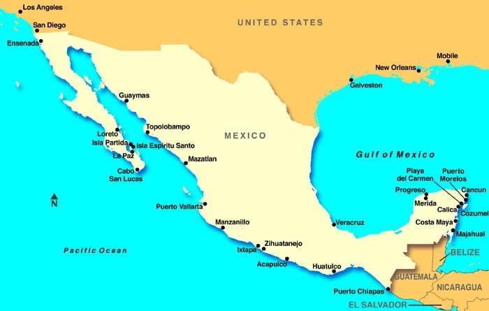 kort over Mexico krydstogt havne