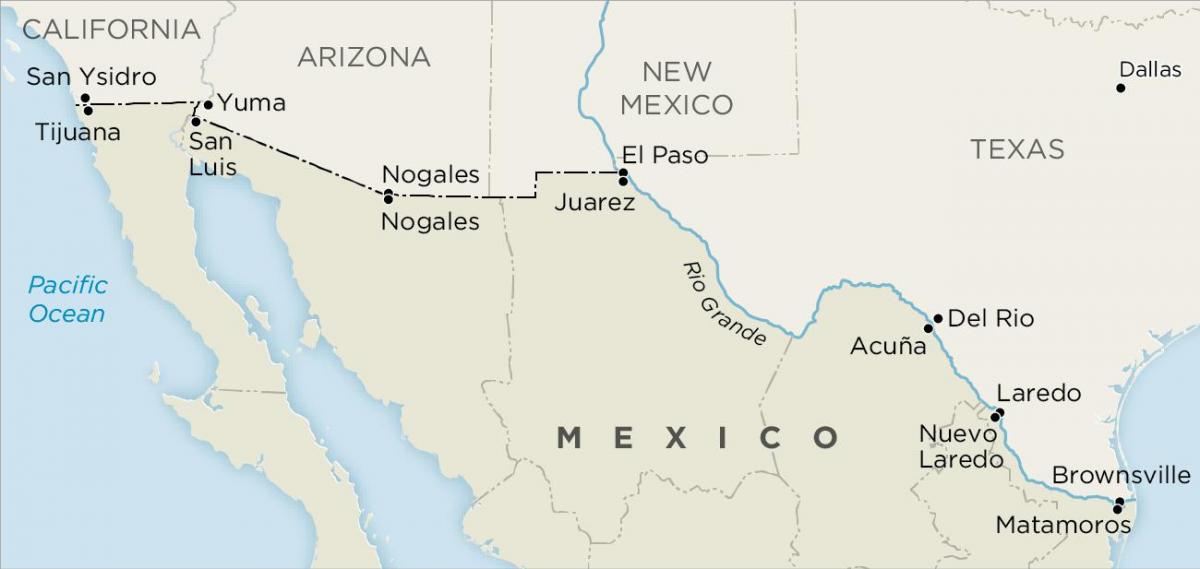 usa og Mexico border kort