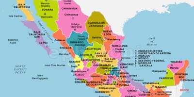 Mexico kort med lande og hovedstæder