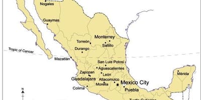 Kort over de større byer i Mexico