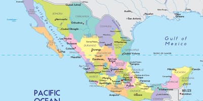 Kort over Mexico med byer og stater