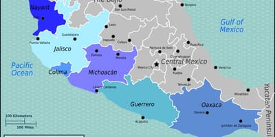 Kort over den pacific kyst af Mexico